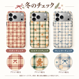 冬のチェック柄のiPhoneケース3柄の装着イメージとプリント拡大表示