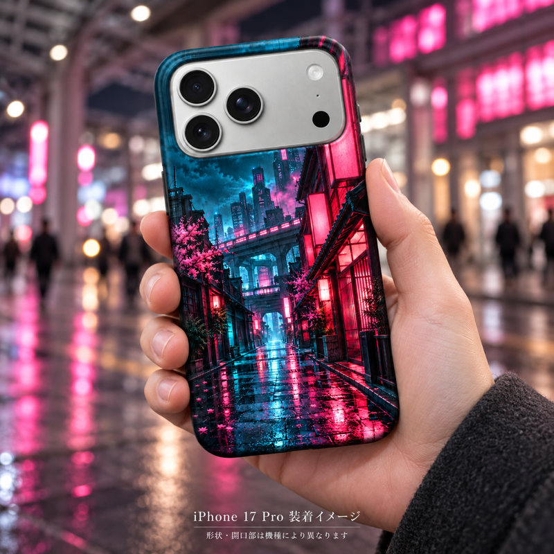 マゼンタナイトストリート柄のケースを装着したiPhone 17 Proを手に持つ装着イメージ