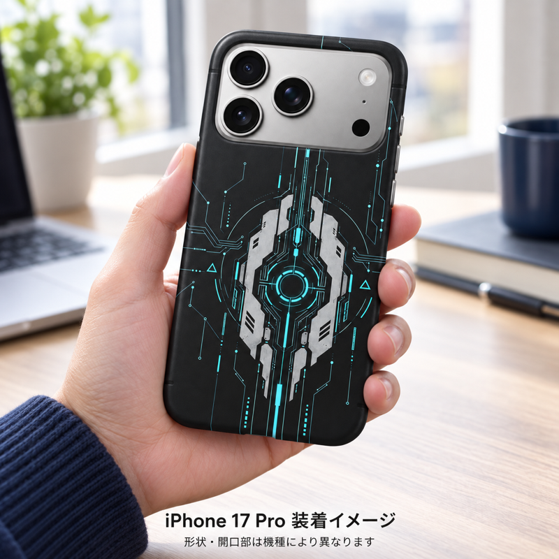 アイスブルーパネル柄のケースを装着したiPhone 17 Proを手に持つ装着イメージ