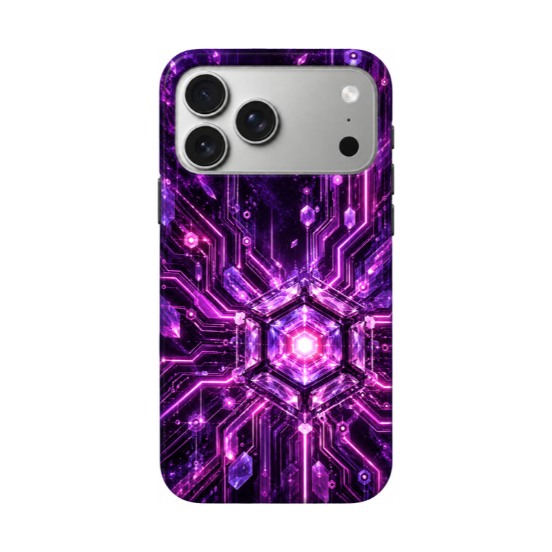 パープルクォンタムサーキット柄のiPhoneケース装着イメージ、白背景の背面図