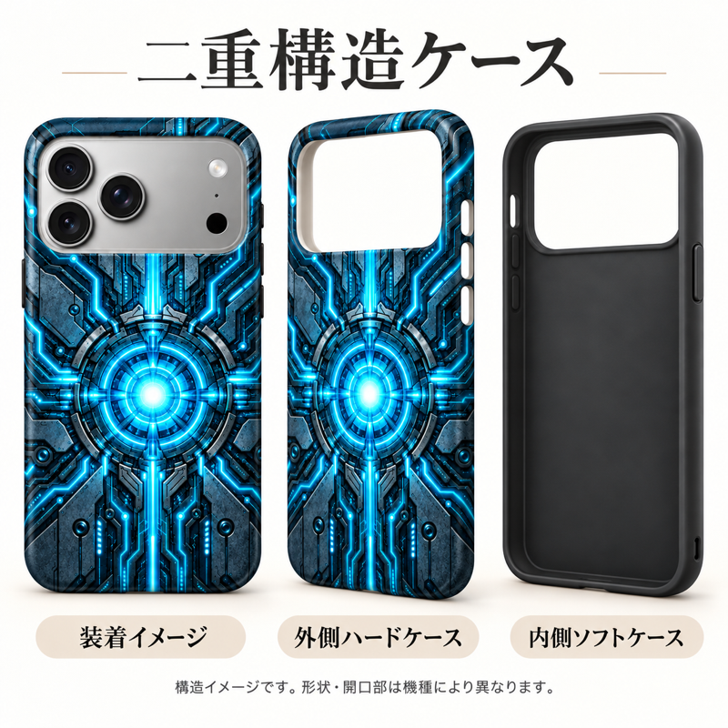 メカニカルサーキット柄の装着イメージ、外側ハードケース、内側ソフトケースを並べた二重構造の説明図