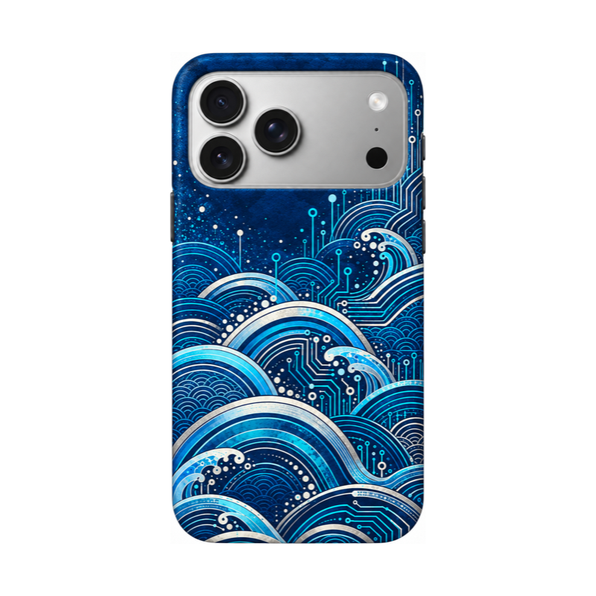 サーキット青海波柄のiPhoneケース装着イメージ、白背景の背面図