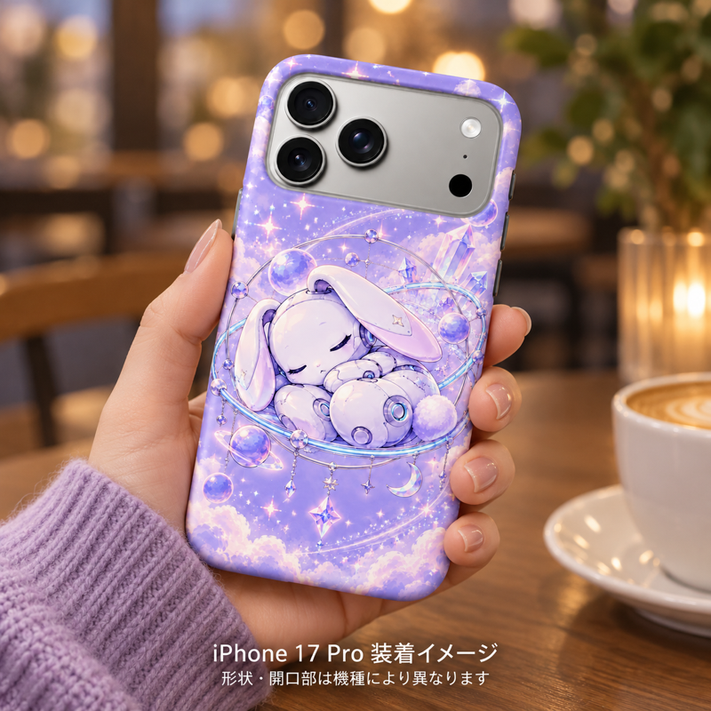 スリープロボットラビット柄のケースを装着したiPhone 17 Proを手に持つ装着イメージ
