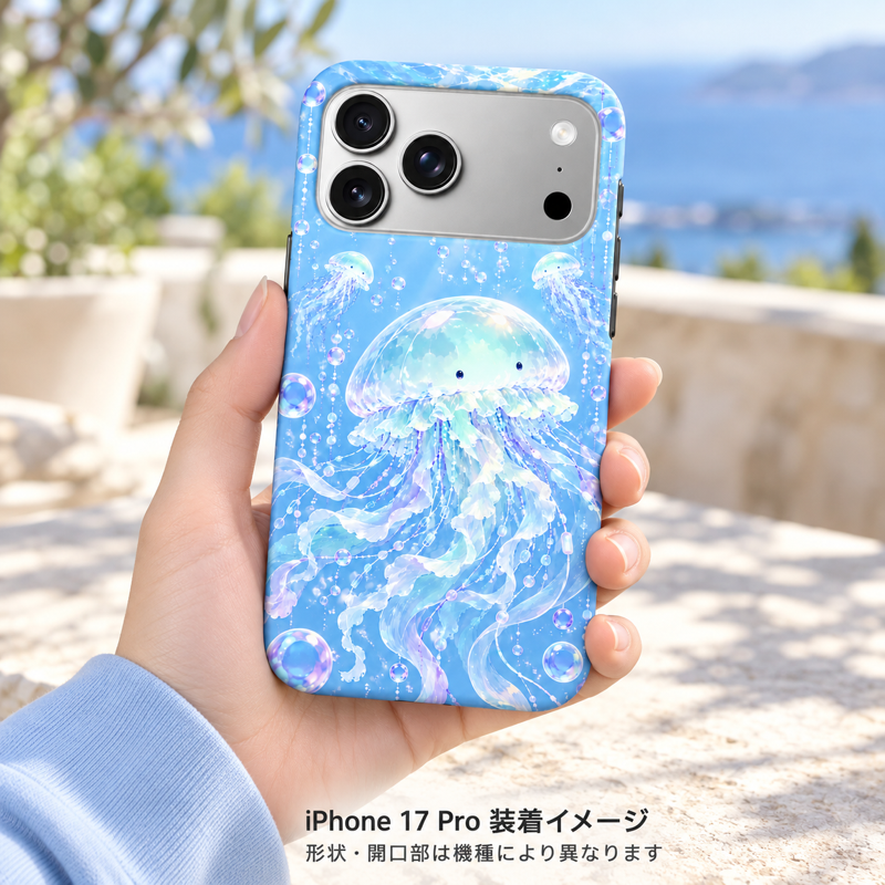 フローティング電子クラゲ柄のケースを装着したiPhone 17 Proを手に持つ装着イメージ