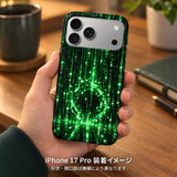 グリーンターミナルレイン柄のケースを装着したiPhone 17 Proを手に持つ装着イメージ