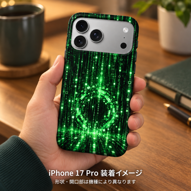 グリーンターミナルレイン柄のケースを装着したiPhone 17 Proを手に持つ装着イメージ