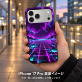 ブロークンネオングリッド柄のケースを装着したiPhone 17 Proを手に持つ装着イメージ