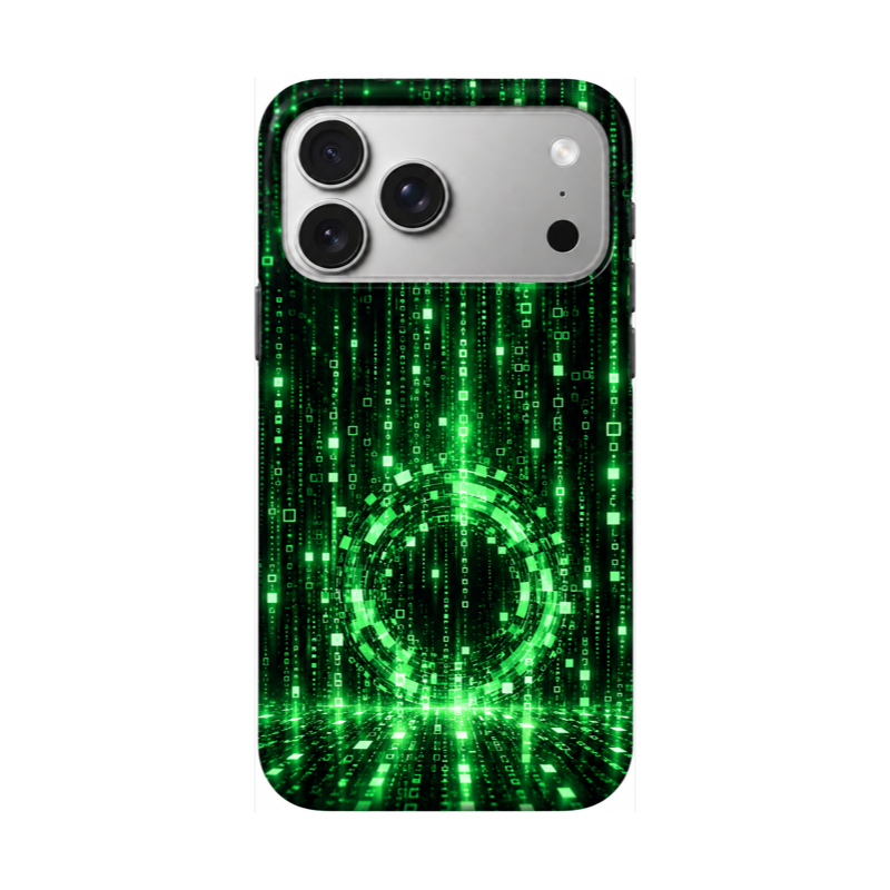 グリーンターミナルレイン柄のiPhoneケース装着イメージ、白背景の背面図