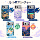 レトロフューチャー柄のiPhoneケース5柄の装着イメージとプリント拡大表示