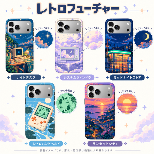 レトロフューチャー柄のiPhoneケース5柄の装着イメージとプリント拡大表示