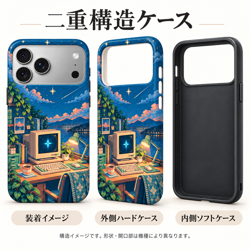 レトロフューチャー柄の装着イメージ、外側ハードケース、内側ソフトケースを並べた二重構造の説明図