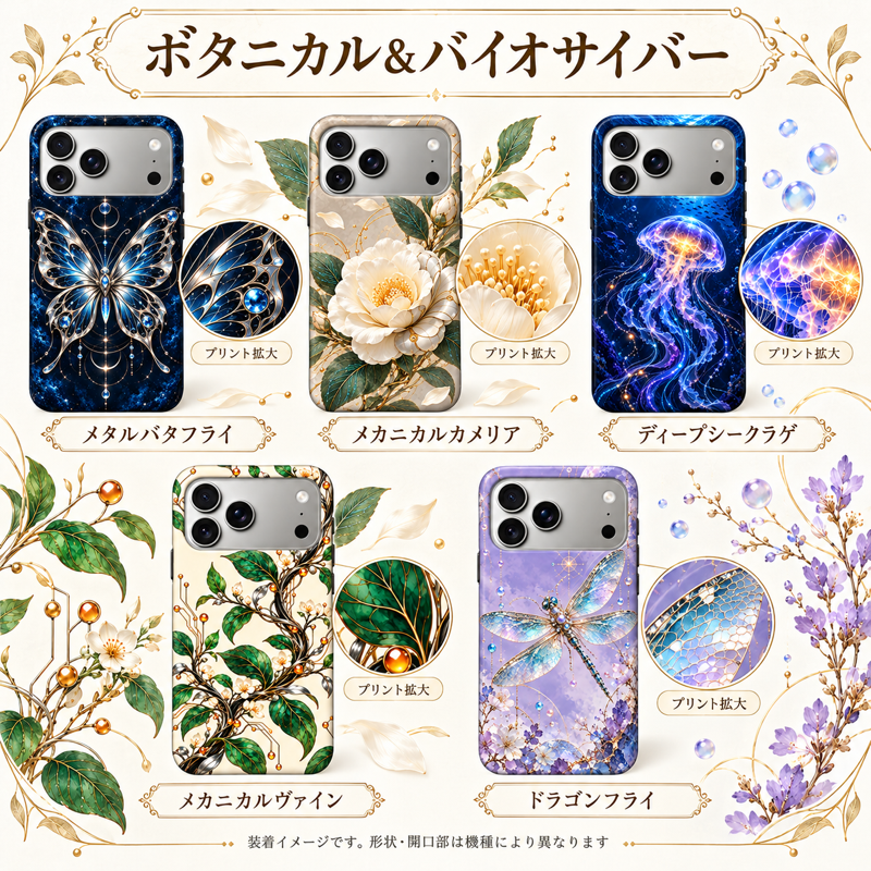 バイオサイバー柄のiPhoneケース5柄の装着イメージとプリント拡大表示