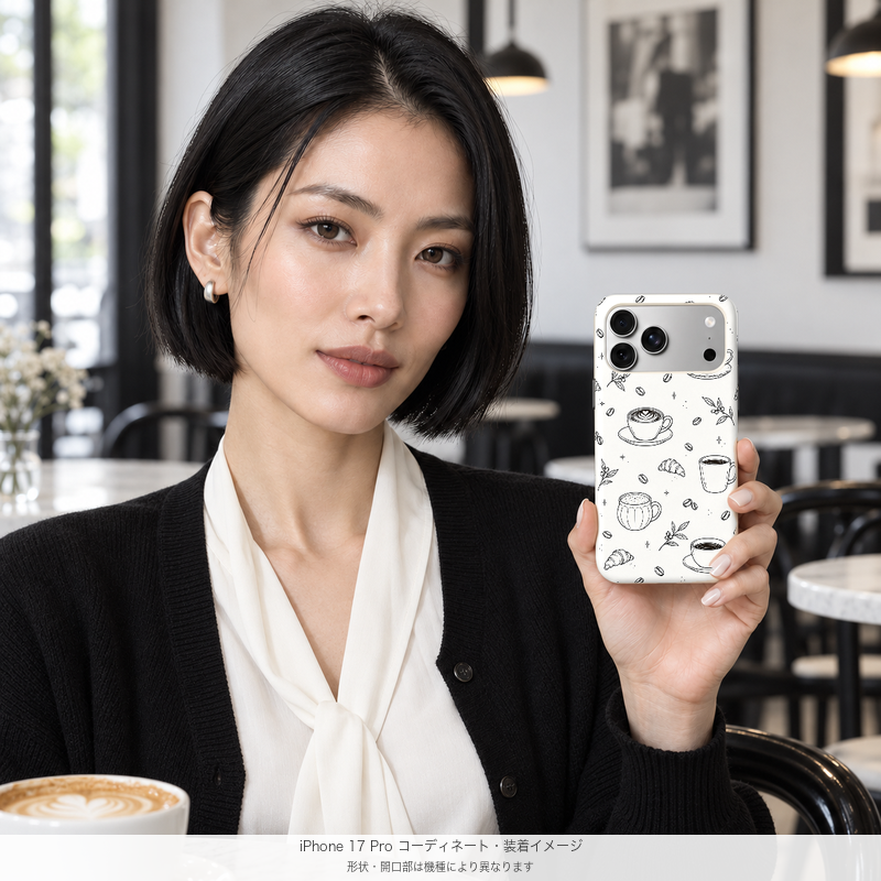 コーヒーラインアート iPhone 17 Proを手に持つモデル 装着イメージ