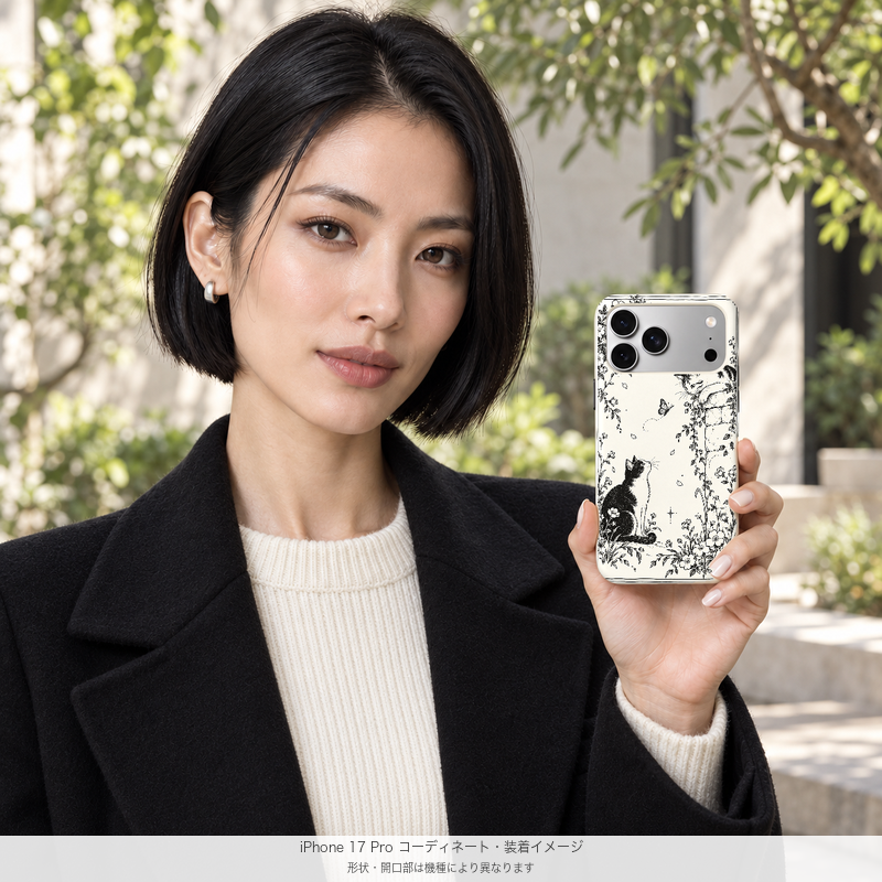 猫と蝶のボタニカルラインアート iPhone 17 Proを手に持つモデル 装着イメージ