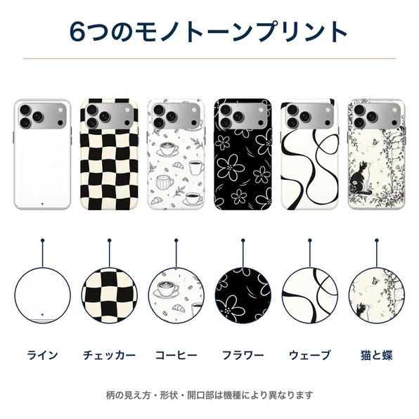 6つのモノトーンプリント 全柄の装着イメージとプリント柄の拡大図