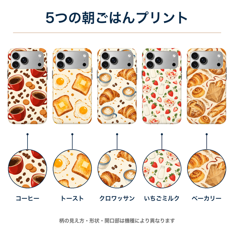 5つの朝ごはんプリント 全柄の装着イメージとプリント柄の拡大図