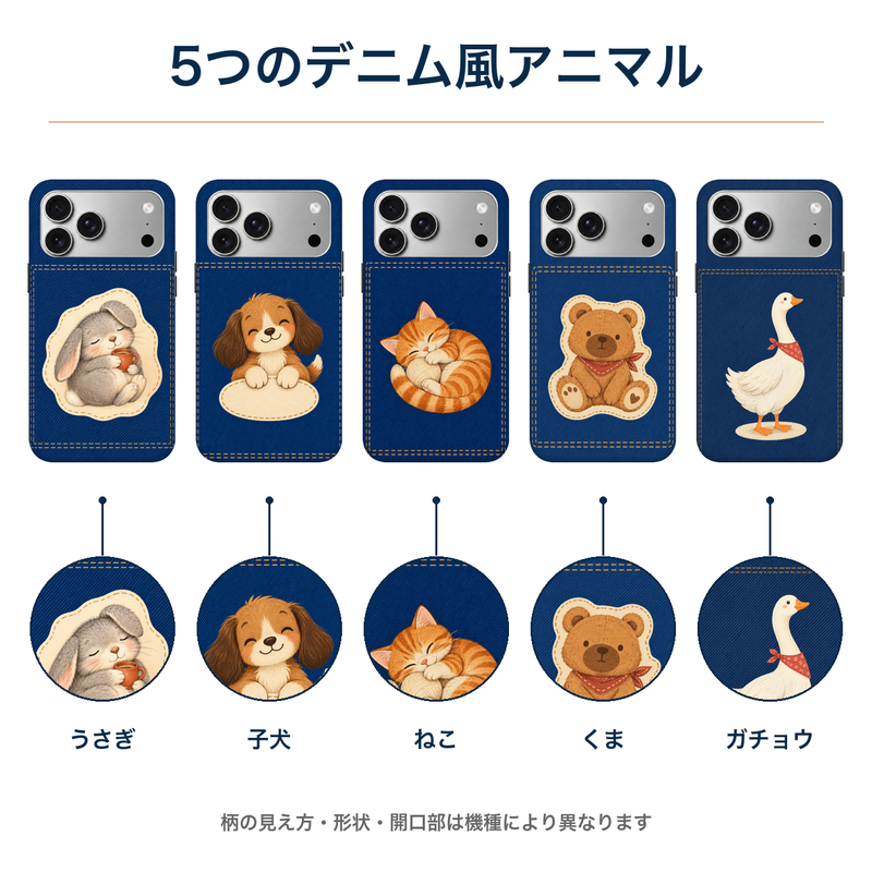 5つのデニム風アニマル 全柄の装着イメージとプリント柄の拡大図