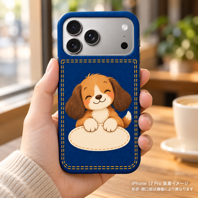 デニムプリントとブラウンパピー iPhone 17 Pro 元の手持ちシーン 装着イメージ