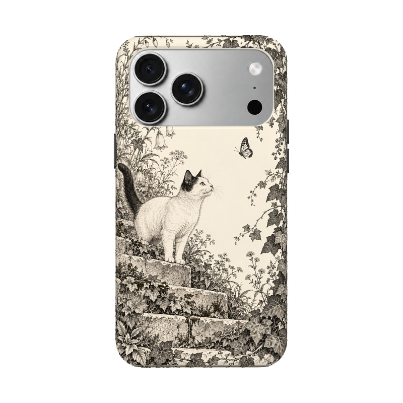 つる草の石段と猫 iPhoneケース 正視白背景 装着イメージ