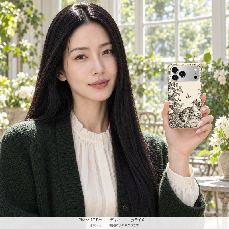 バラのアーチと猫 iPhone 17 Proを手に持つモデル 装着イメージ