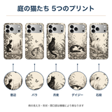 庭の猫たち 5つのプリント 全柄の装着イメージとプリント柄の拡大図