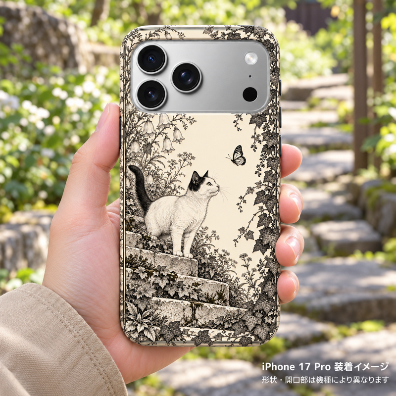 つる草の石段と猫 iPhone 17 Pro 元の手持ちシーン 装着イメージ