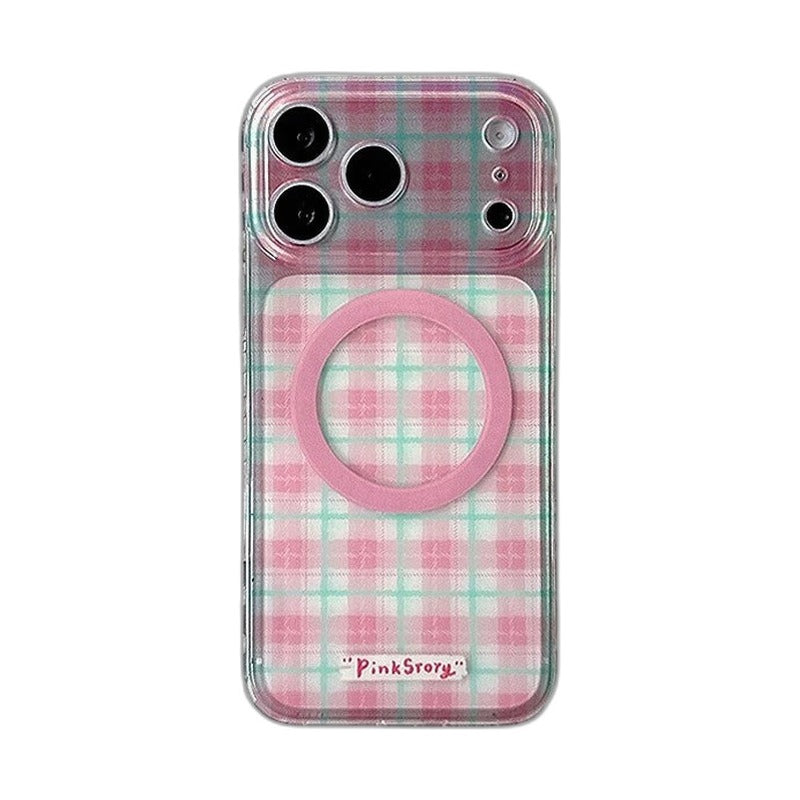 レトロチェック柄 回転スタンド iPhoneケース 全4柄 メイン(白底)