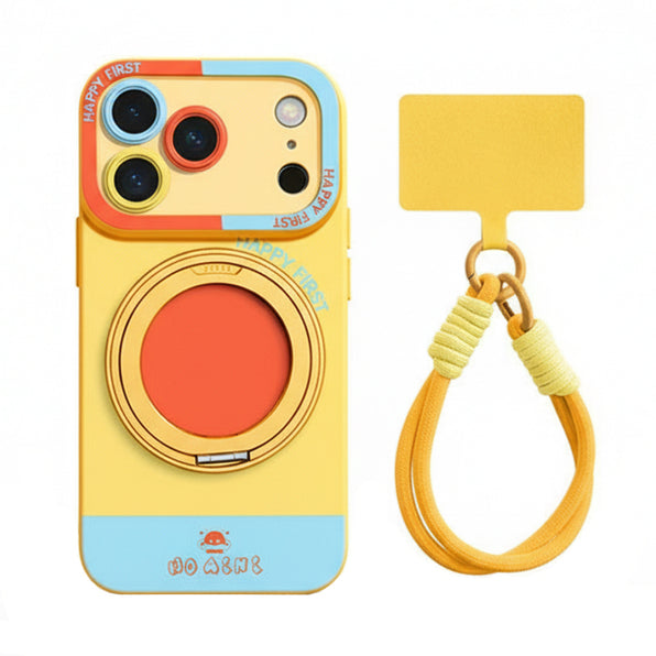 Smartphone case with integrated rotating ring stand and accent color hand strap (available in 5 colors)