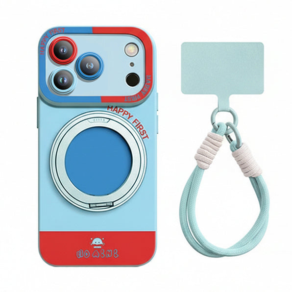 Accent Color Scheme Rotating Ring Stand Integrated Smartphone Case with Short Strap (3 Colors Available)