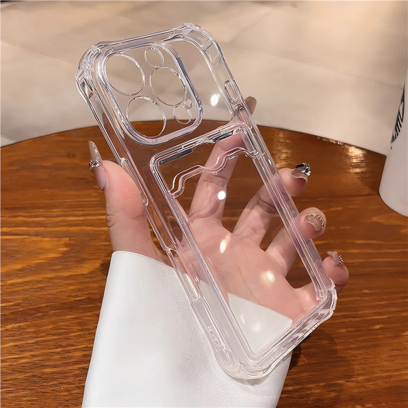 Shock-resistant, card-holding, full-coverage TPU clear smartphone case with camera protection