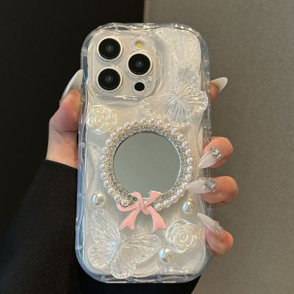 3D Puffy Butterfly, Flower, and Pearl Mirror Smartphone Case