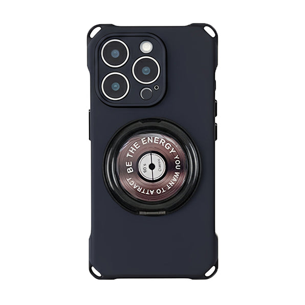 360-Degree Rotating Ring Stand Integrated Smartphone Case with Retro Record Motif Strap