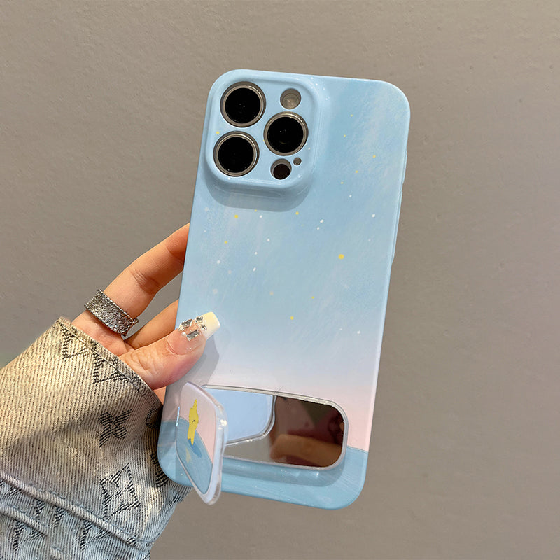 シンプル星空デザイン星モチーフミラースタンド付きスマホケース