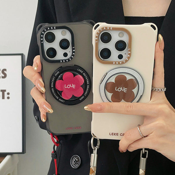 Korean-style Flower Motif Strap 360° Rotatable Ring Stand Integrated Phone Case (2 Colors)