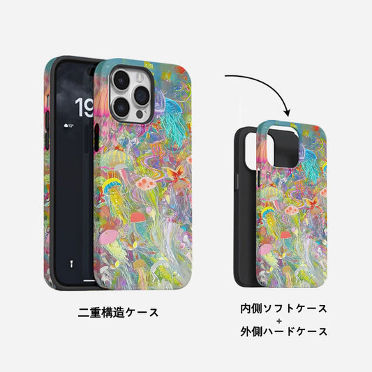 油絵風アート風深海カラフルクラゲ二重構造スマホケース