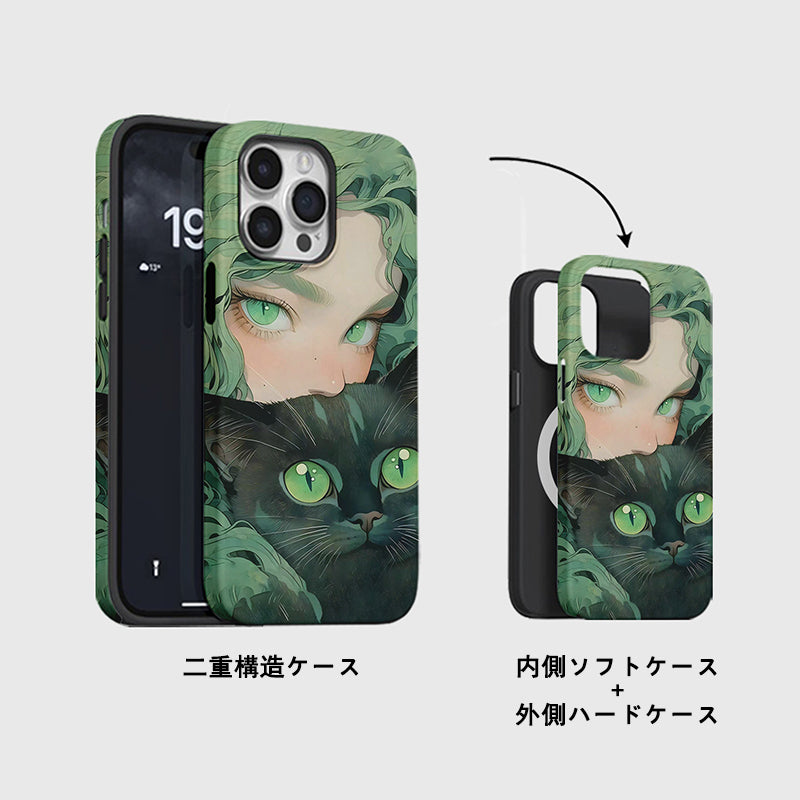 グリーンアイの猫少女デザイン二重構造マグネット式スマホケース