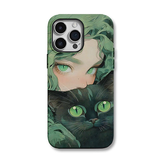 グリーンアイの猫少女デザイン二重構造マグネット式スマホケース