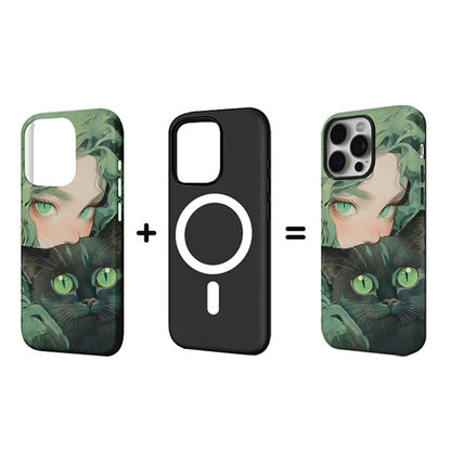 グリーンアイの猫少女デザイン二重構造マグネット式スマホケース