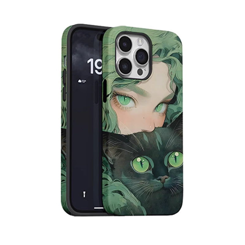 グリーンアイの猫少女デザイン二重構造マグネット式スマホケース
