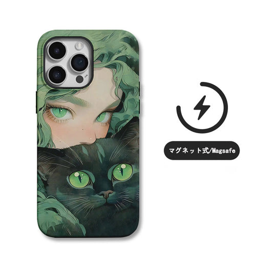 グリーンアイの猫少女デザイン二重構造マグネット式スマホケース