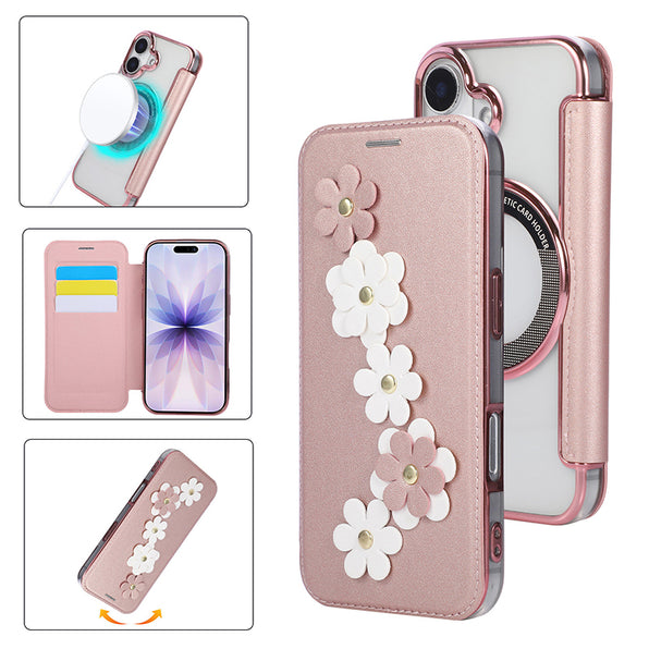 立体フラワーデザインカード収納機能付きMagSafe対応手帳型スマホケース(5色展開)