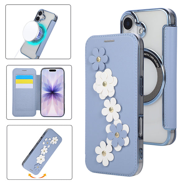立体フラワーデザインカード収納機能付きMagSafe対応手帳型スマホケース(5色展開)