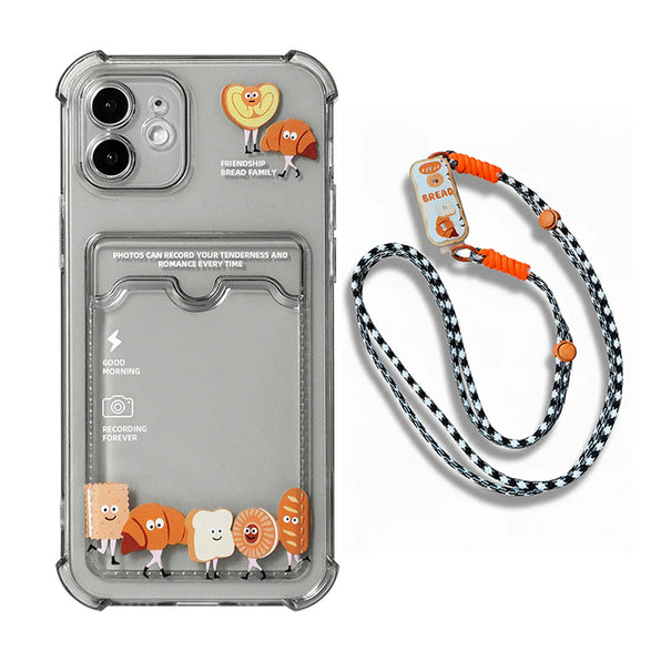 Cartoon Bread Pattern Card Pocket & Strap Smoke Clear Smartphone Case