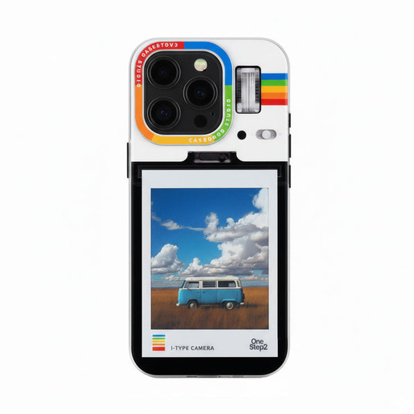 Smartphone case for storing Instax photos, with a simple design, accent color, and clear window