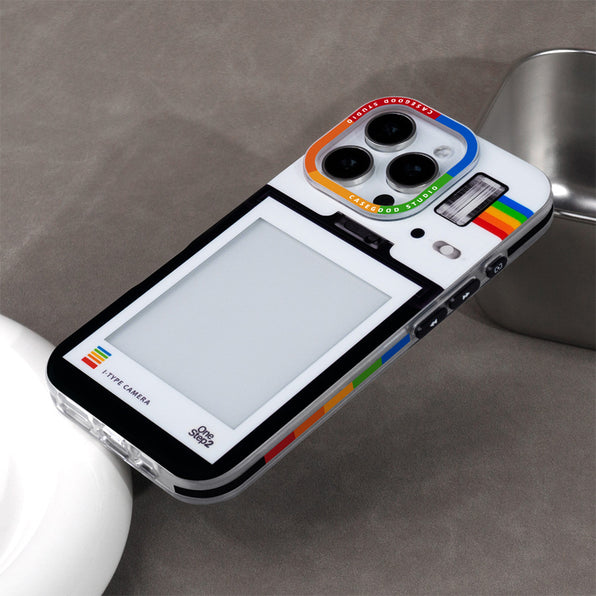 Smartphone case for storing Instax photos, with a simple design, accent color, and clear window