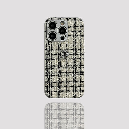 チェック柄おしゃれ椿モチーフフェイクファースマホケース