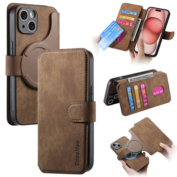 レトロ風ウォレット＆スタンド機能付きMagSafe対応着脱式PUレザー手帳型スマホケース(6色展開)
