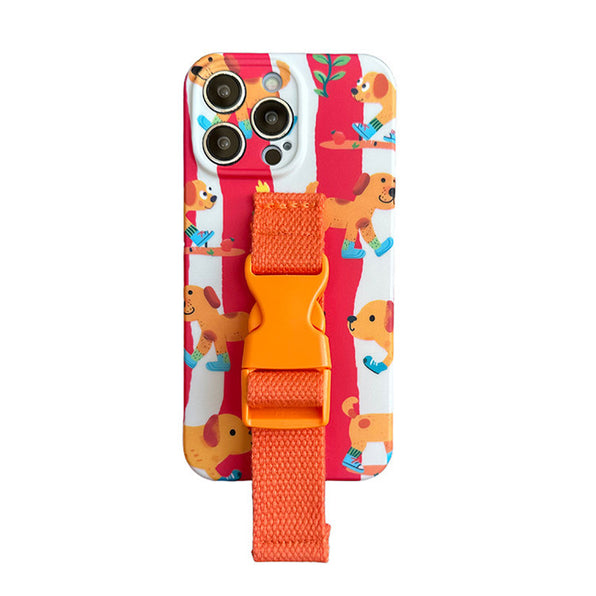 Cute dog pattern adjustable wrist strap stand integrated smartphone case