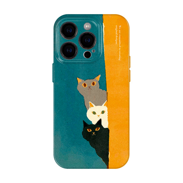 3匹の猫モチーフブルー×イエローフィルム加工フルカバーソフトケース/二重構造スマホケース