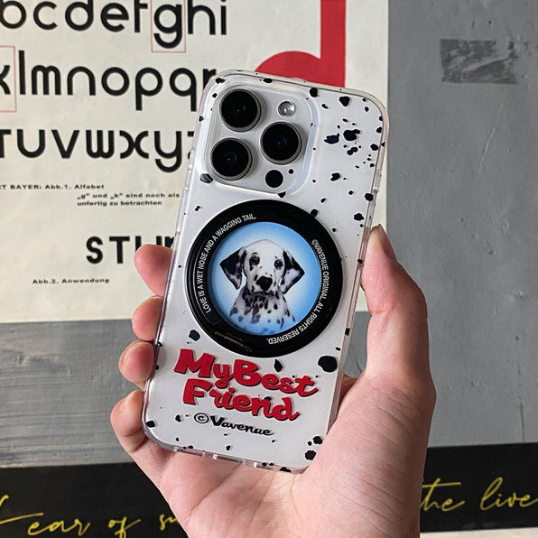 美式復古風達摩犬圖案360°旋轉支架一體式手機殼